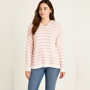 NWOT Eddie Bauer cotton blend knit hoodie, pink‎ & white stripes, Large